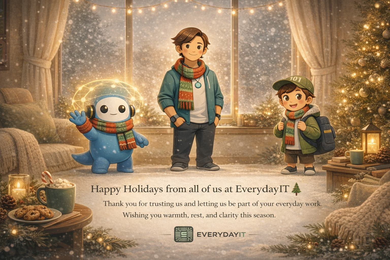 Warm holiday scene featuring Everyday IT mascots